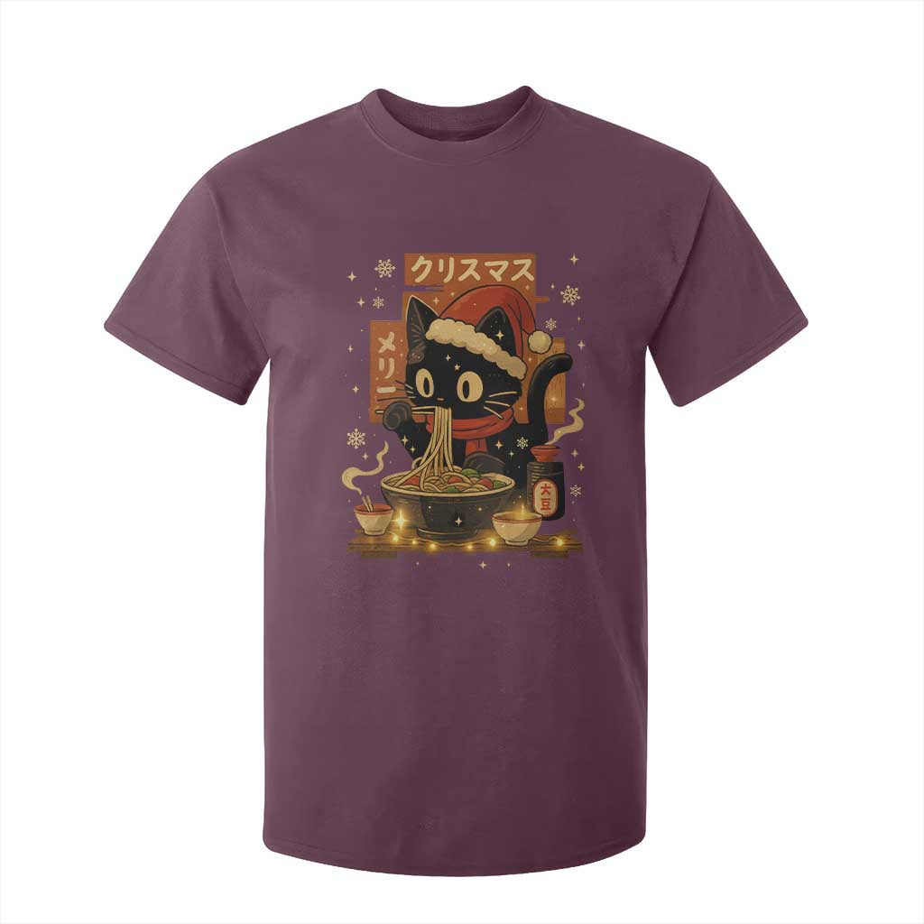 Funny Christmas Cat Ramen T Shirt For Kid Xmas Japanese Kawaii Anime Cat TS11 Maroon Print Your Wear