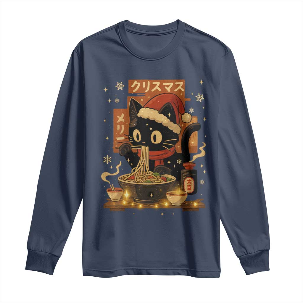 Funny Christmas Cat Ramen Long Sleeve Shirt Xmas Japanese Kawaii Anime Cat TS11 Navy Print Your Wear