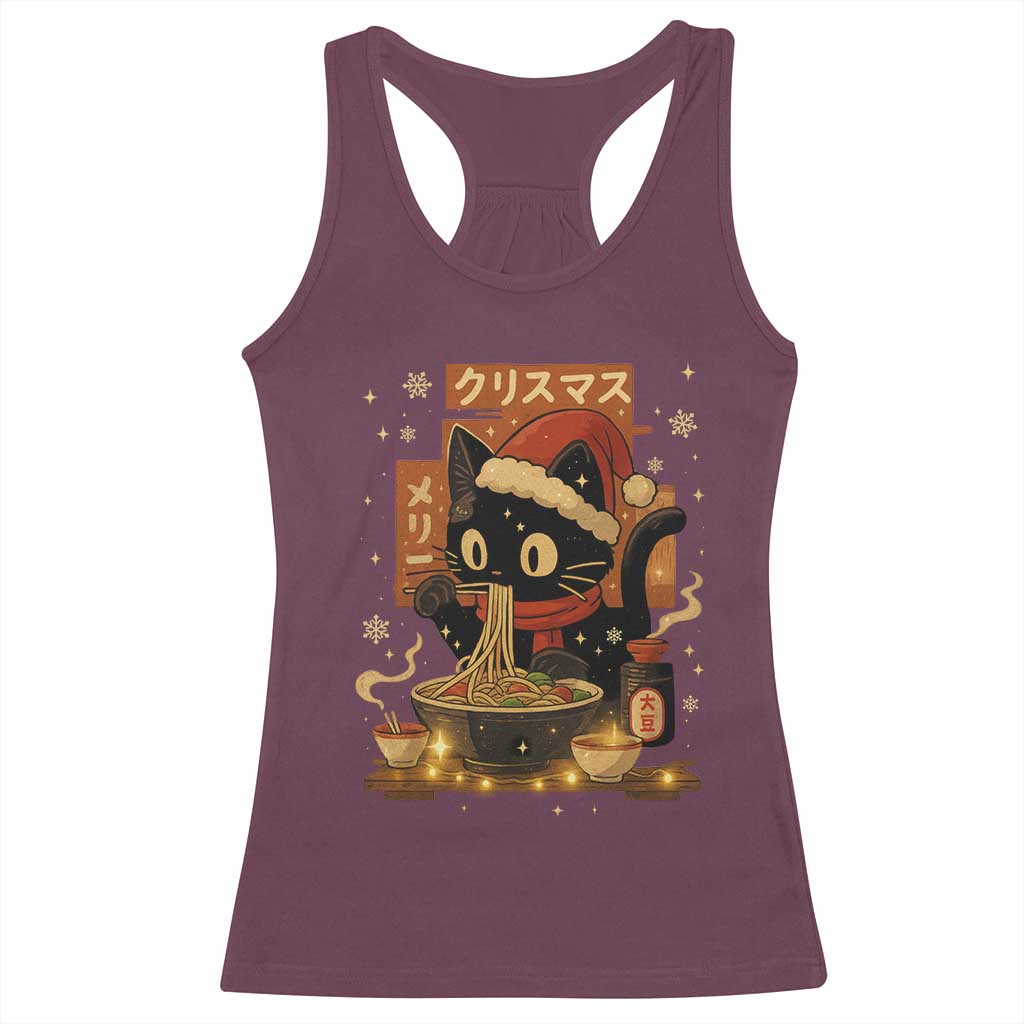 Funny Christmas Cat Ramen Racerback Tank Top Xmas Japanese Kawaii Anime Cat TS11 Maroon Print Your Wear