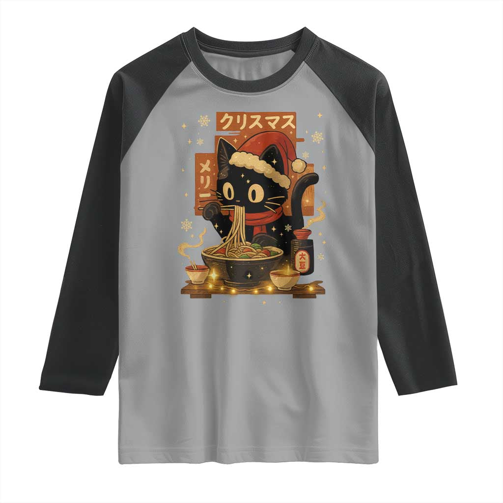 Funny Christmas Cat Ramen Raglan Shirt Xmas Japanese Kawaii Anime Cat TS11 Sport Gray Black Print Your Wear