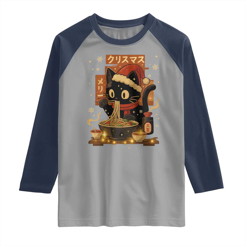 Funny Christmas Cat Ramen Raglan Shirt Xmas Japanese Kawaii Anime Cat TS11 Sport Gray Navy Print Your Wear