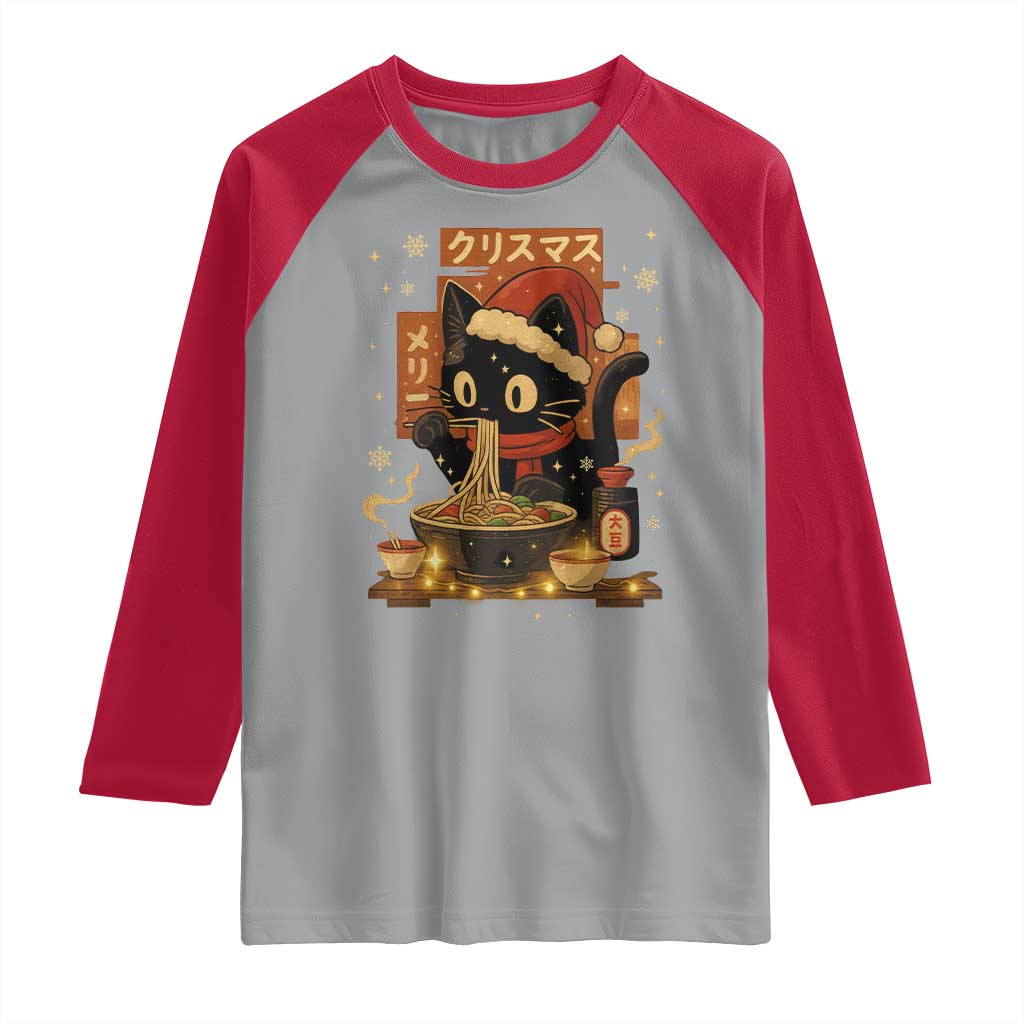 Funny Christmas Cat Ramen Raglan Shirt Xmas Japanese Kawaii Anime Cat TS11 Sport Gray Red Print Your Wear