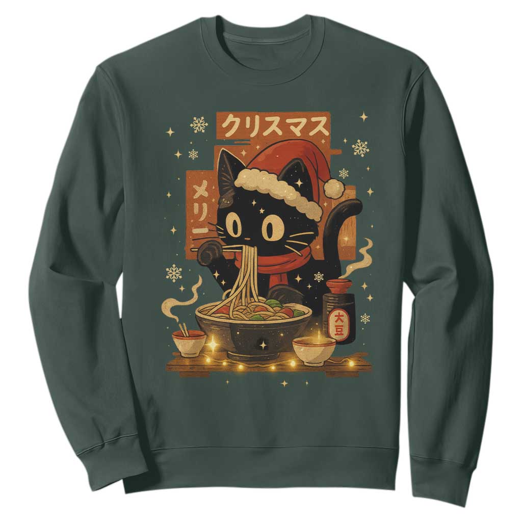 Funny Christmas Cat Ramen Sweatshirt Xmas Japanese Kawaii Anime Cat TS11 Dark Forest Green Print Your Wear