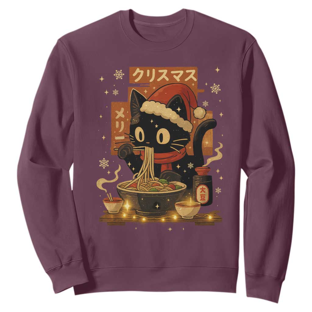 Funny Christmas Cat Ramen Sweatshirt Xmas Japanese Kawaii Anime Cat TS11 Maroon Print Your Wear