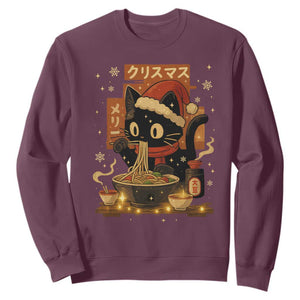 Funny Christmas Cat Ramen Sweatshirt Xmas Japanese Kawaii Anime Cat TS11 Maroon Print Your Wear