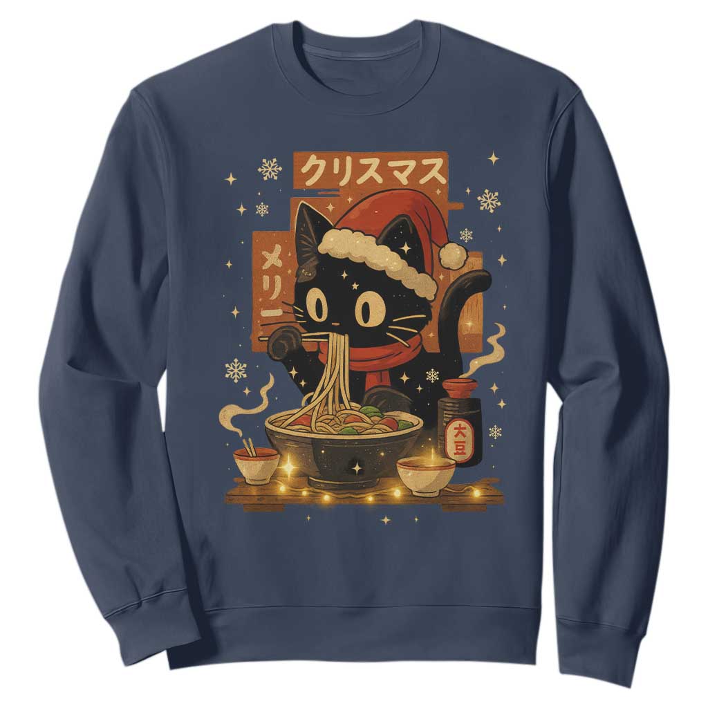 Funny Christmas Cat Ramen Sweatshirt Xmas Japanese Kawaii Anime Cat TS11 Navy Print Your Wear