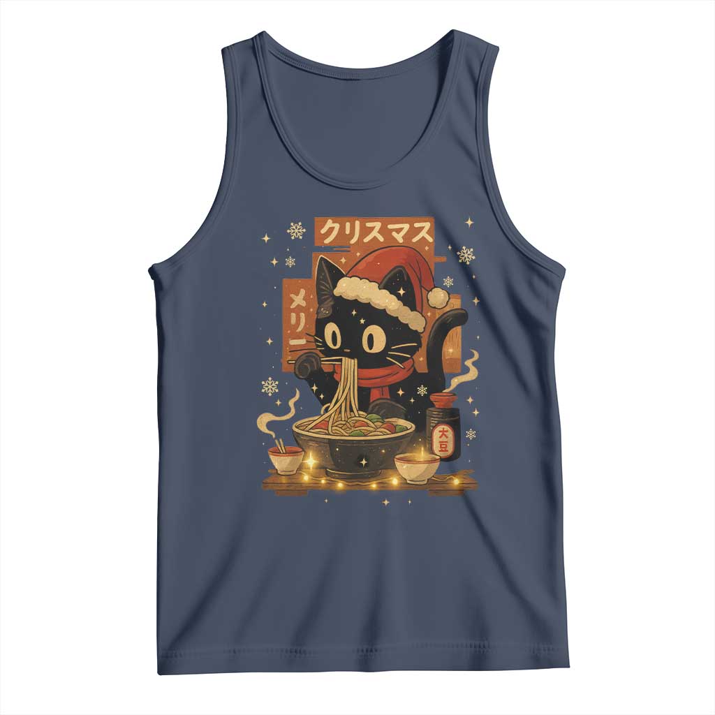 Funny Christmas Cat Ramen Tank Top Xmas Japanese Kawaii Anime Cat TS11 Navy Print Your Wear