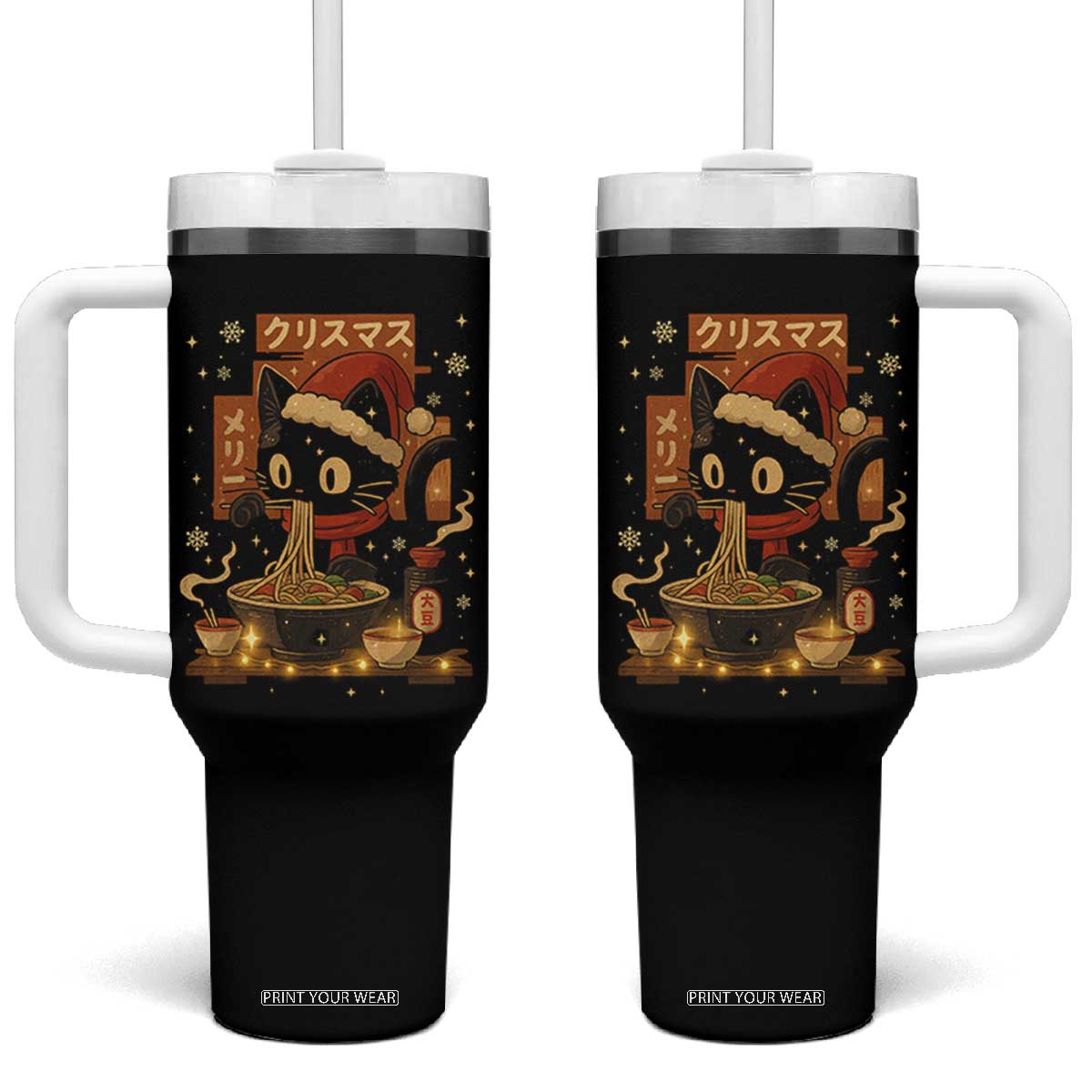 Funny Christmas Cat Ramen Tumbler With Handle Xmas Japanese Kawaii Anime Cat TS11 One Size: 40 oz Black Print Your Wear