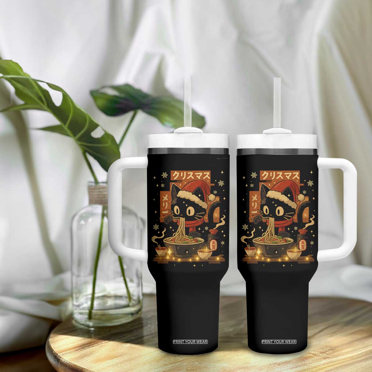 Funny Christmas Cat Ramen Tumbler With Handle Xmas Japanese Kawaii Anime Cat TS11 Print Your Wear