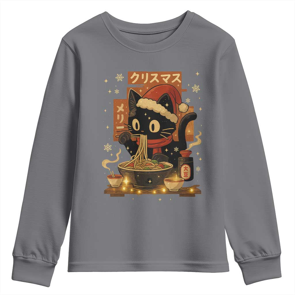 Funny Christmas Cat Ramen Youth Sweatshirt Xmas Japanese Kawaii Anime Cat TS11 Charcoal Print Your Wear