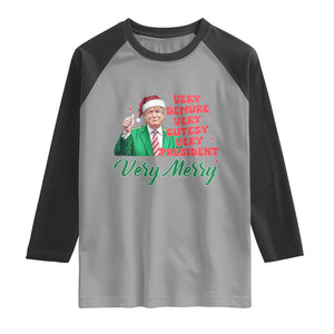 Funny Christmas Santa Trump Raglan Shirt Very Demure Very Cutesy Very President Very Merry TS11 Sport Gray Black Print Your Wear