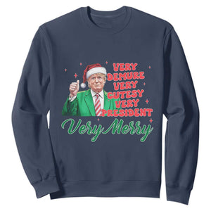 Funny Christmas Santa Trump Sweatshirt Very Demure Very Cutesy Very President Very Merry TS11 Navy Print Your Wear
