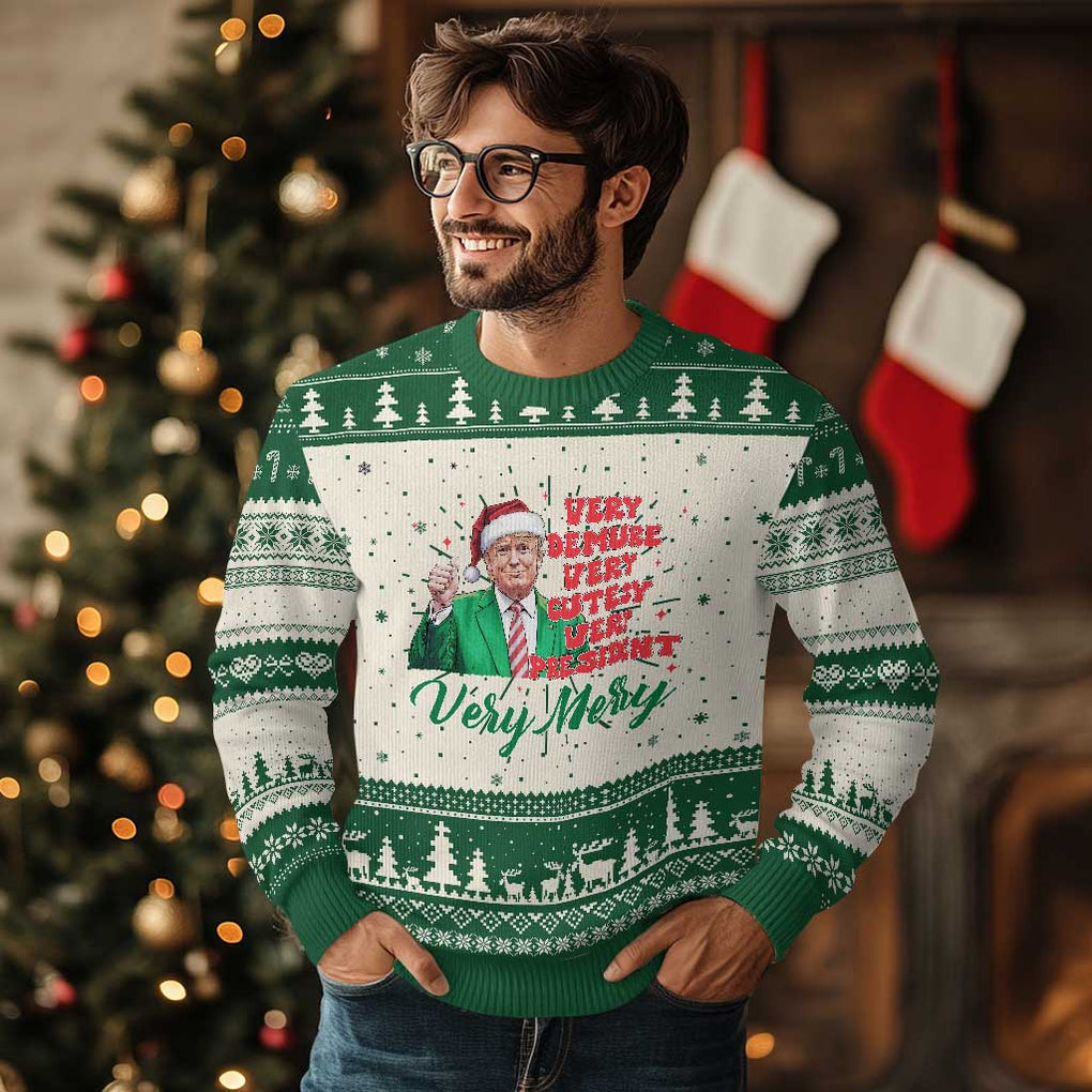 Funny Xmas Santa Trump Ugly Christmas Sweater Very Demure Very Cutesy Very President Very Merry TS11 Green Print Your Wear