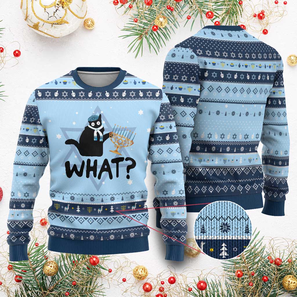 Funny What Chanukah Black Cat Hanukkah Ugly Sweater TS11 Light Blue Navy Print Your Wear