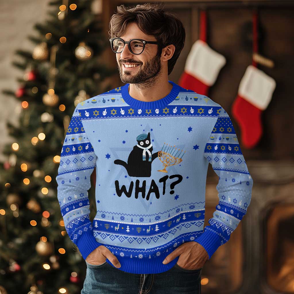 Funny What Chanukah Black Cat Hanukkah Ugly Sweater TS11 Light Blue Royal Blue Print Your Wear