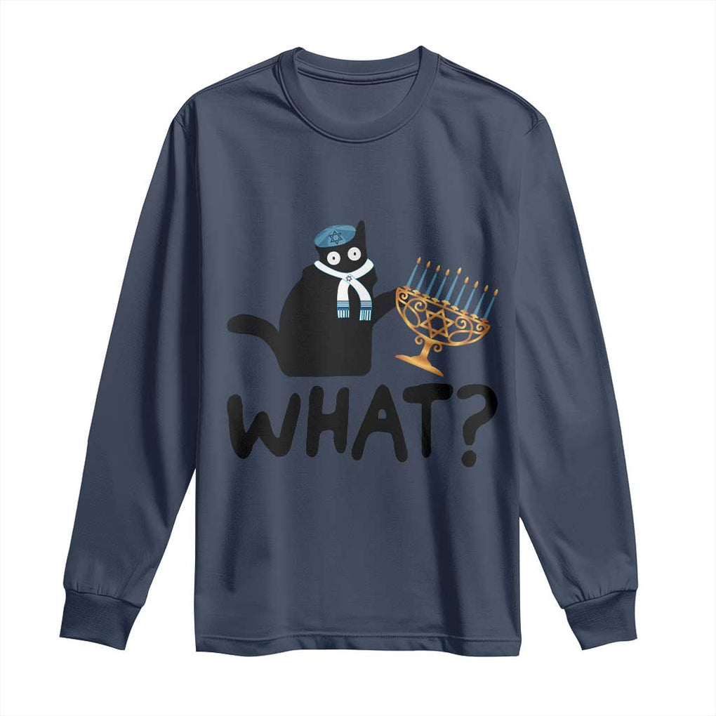Funny What Hanukkah Black Cat Long Sleeve Shirt TS11 Navy Print Your Wear