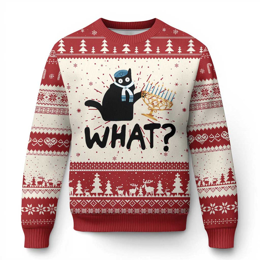 Funny What Hanukkah Black Cat Ugly Christmas Sweater TS11 Red Print Your Wear