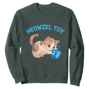 Funny Hanukkah Cats Sweatshirt Meowzel Tov Dreidels Chanukah Jewish Festival TS11 Dark Forest Green Print Your Wear