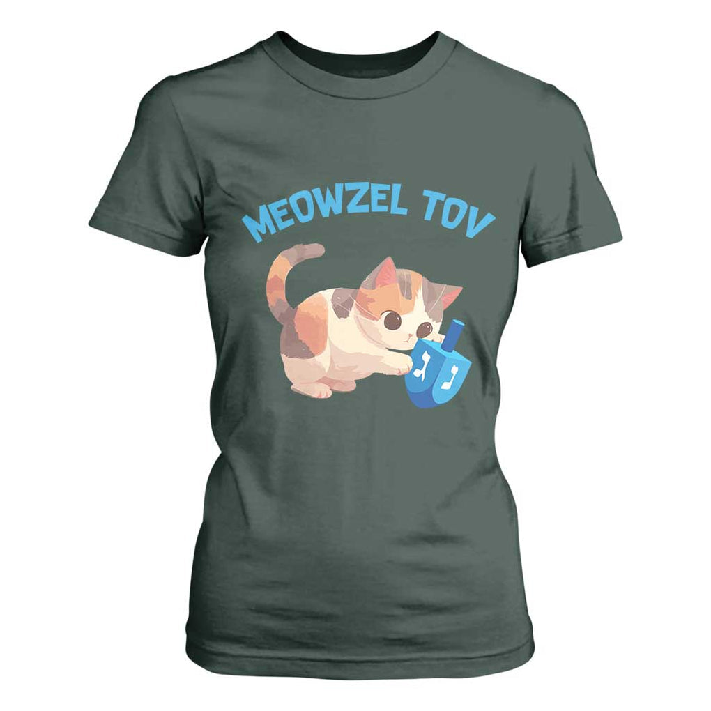 Funny Hanukkah Cats T Shirt For Women Meowzel Tov Dreidels Chanukah Jewish Festival TS11 Dark Forest Green Print Your Wear