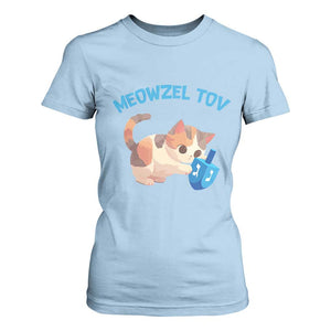 Funny Hanukkah Cats T Shirt For Women Meowzel Tov Dreidels Chanukah Jewish Festival TS11 Light Blue Print Your Wear
