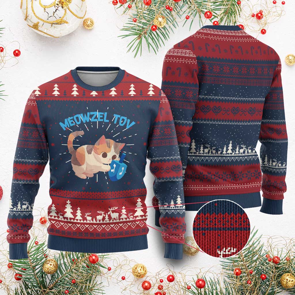 Funny Hanukkah Cats Ugly Christmas Sweater Meowzel Tov Dreidels Chanukah Jewish Festival TS11 Burgundy Print Your Wear