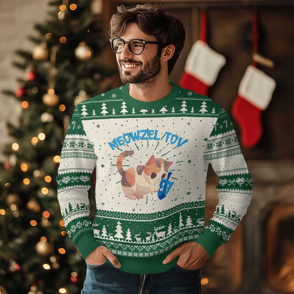 Funny Hanukkah Cats Ugly Christmas Sweater Meowzel Tov Dreidels Chanukah Jewish Festival TS11 Green Print Your Wear
