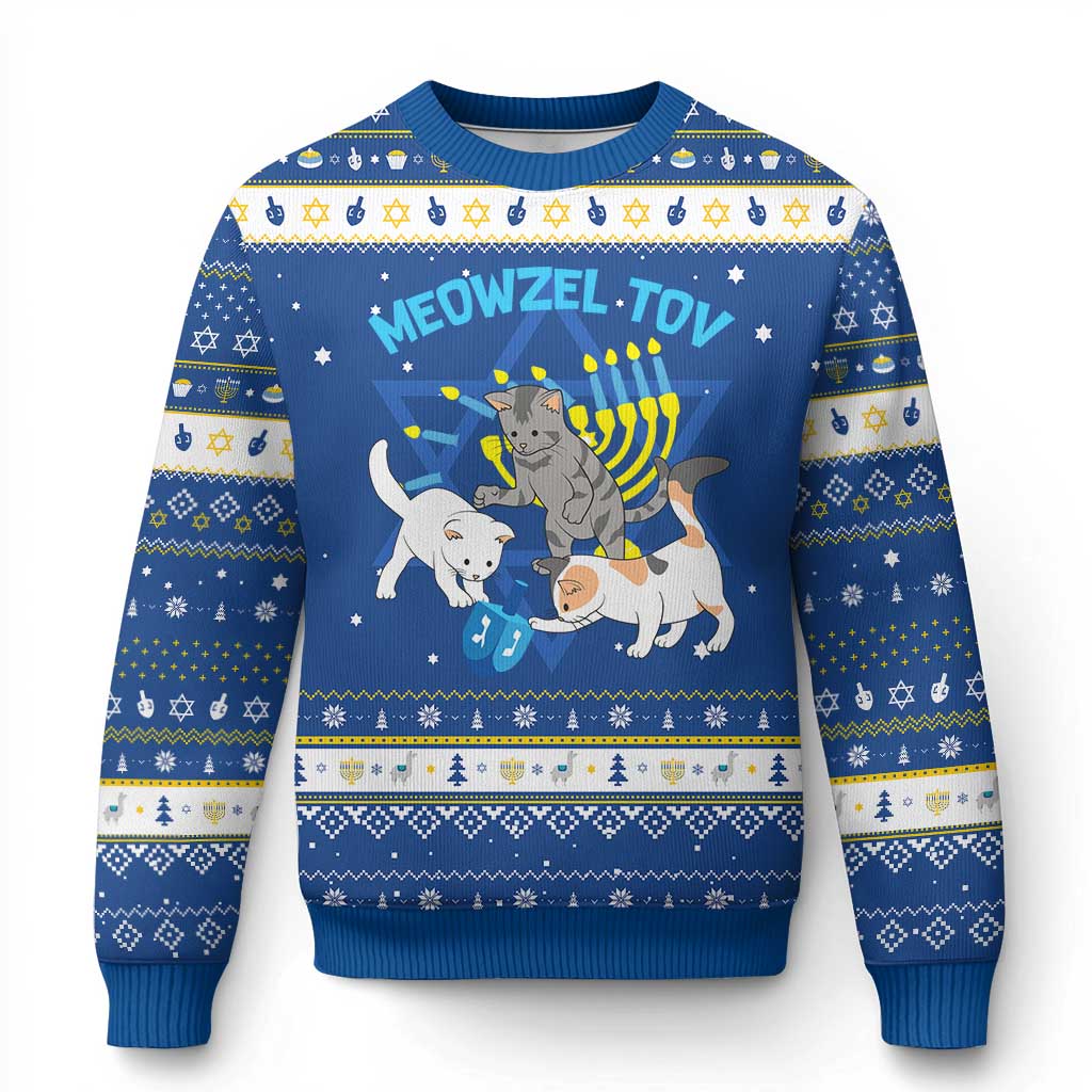 Funny Chanukah Cats Hanukkah Ugly Sweater Meowzel Tov Dreidels Menorah Chanukah Jewish Festival TS11 Blue White Print Your Wear