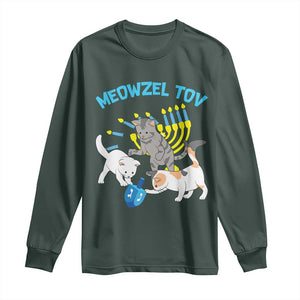 Funny Hanukkah Cats Long Sleeve Shirt Meowzel Tov Dreidels Menorah Chanukah Jewish Festival TS11 Dark Forest Green Print Your Wear