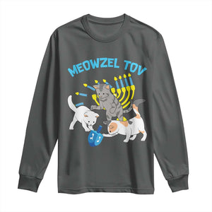 Funny Hanukkah Cats Long Sleeve Shirt Meowzel Tov Dreidels Menorah Chanukah Jewish Festival TS11 Dark Heather Print Your Wear