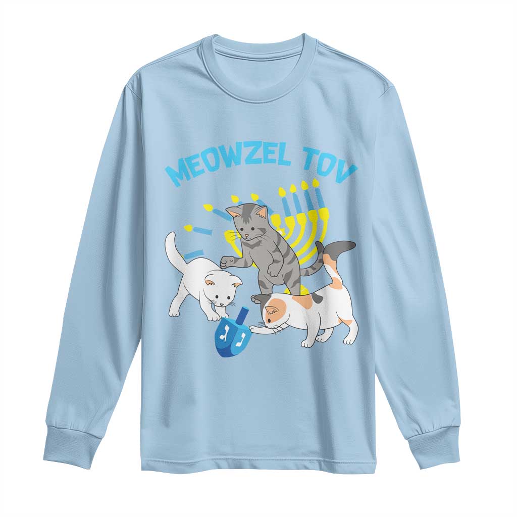 Funny Hanukkah Cats Long Sleeve Shirt Meowzel Tov Dreidels Menorah Chanukah Jewish Festival TS11 Light Blue Print Your Wear