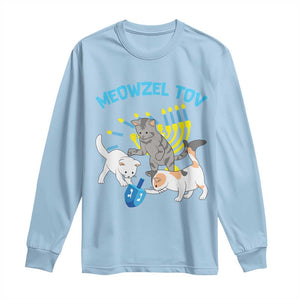Funny Hanukkah Cats Long Sleeve Shirt Meowzel Tov Dreidels Menorah Chanukah Jewish Festival TS11 Light Blue Print Your Wear