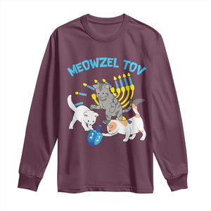 Funny Hanukkah Cats Long Sleeve Shirt Meowzel Tov Dreidels Menorah Chanukah Jewish Festival TS11 Maroon Print Your Wear