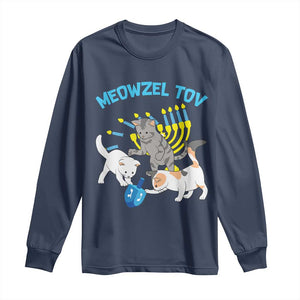 Funny Hanukkah Cats Long Sleeve Shirt Meowzel Tov Dreidels Menorah Chanukah Jewish Festival TS11 Navy Print Your Wear
