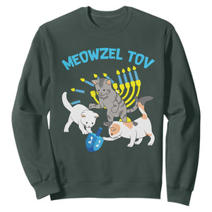 Funny Hanukkah Cats Sweatshirt Meowzel Tov Dreidels Menorah Chanukah Jewish Festival TS11 Dark Forest Green Print Your Wear