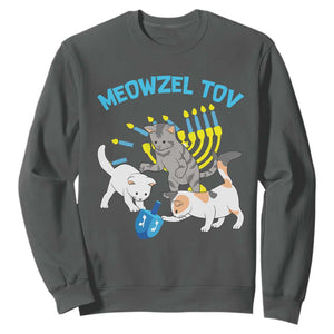 Funny Hanukkah Cats Sweatshirt Meowzel Tov Dreidels Menorah Chanukah Jewish Festival TS11 Dark Heather Print Your Wear