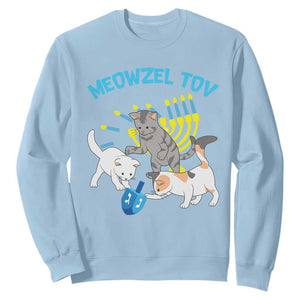 Funny Hanukkah Cats Sweatshirt Meowzel Tov Dreidels Menorah Chanukah Jewish Festival TS11 Light Blue Print Your Wear