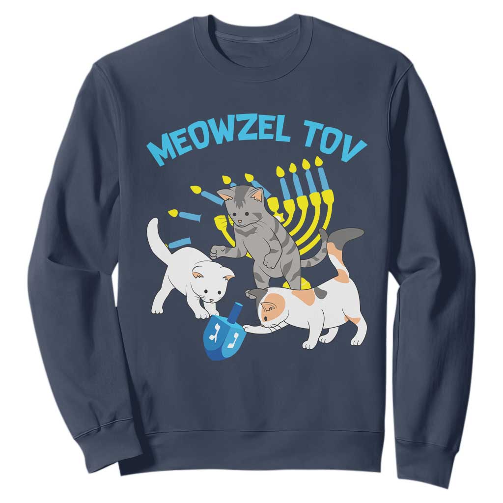 Funny Hanukkah Cats Sweatshirt Meowzel Tov Dreidels Menorah Chanukah Jewish Festival TS11 Navy Print Your Wear