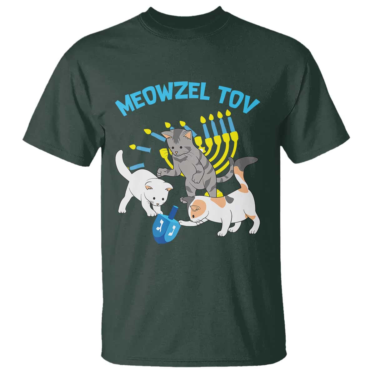 Funny Hanukkah Cats T Shirt Meowzel Tov Dreidels Menorah Chanukah Jewish Festival TS11 Dark Forest Green Print Your Wear