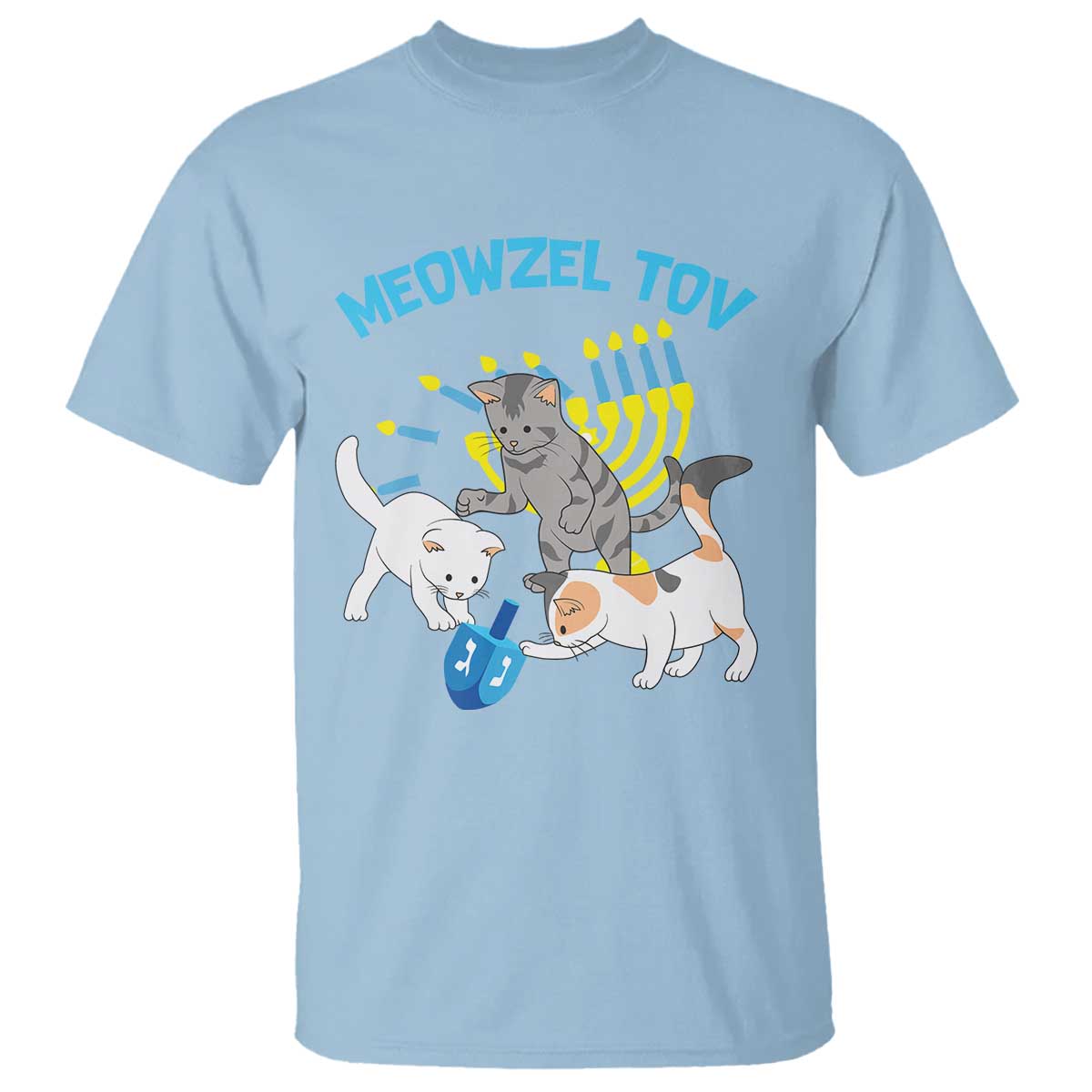 Funny Hanukkah Cats T Shirt Meowzel Tov Dreidels Menorah Chanukah Jewish Festival TS11 Light Blue Print Your Wear