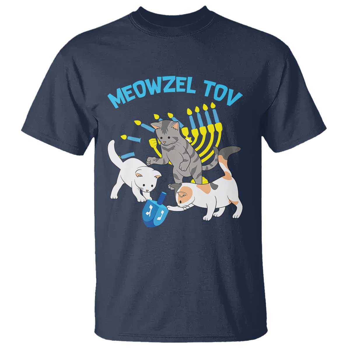 Funny Hanukkah Cats T Shirt Meowzel Tov Dreidels Menorah Chanukah Jewish Festival TS11 Navy Print Your Wear