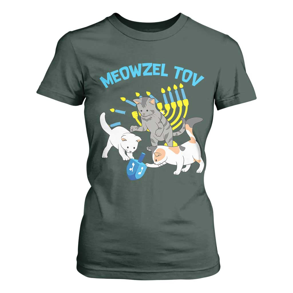Funny Hanukkah Cats T Shirt For Women Meowzel Tov Dreidels Menorah Chanukah Jewish Festival TS11 Dark Forest Green Print Your Wear