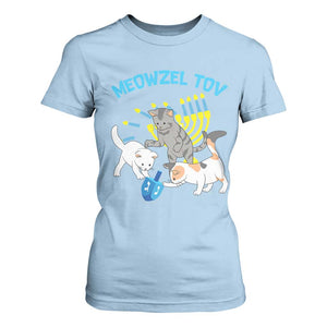 Funny Hanukkah Cats T Shirt For Women Meowzel Tov Dreidels Menorah Chanukah Jewish Festival TS11 Light Blue Print Your Wear