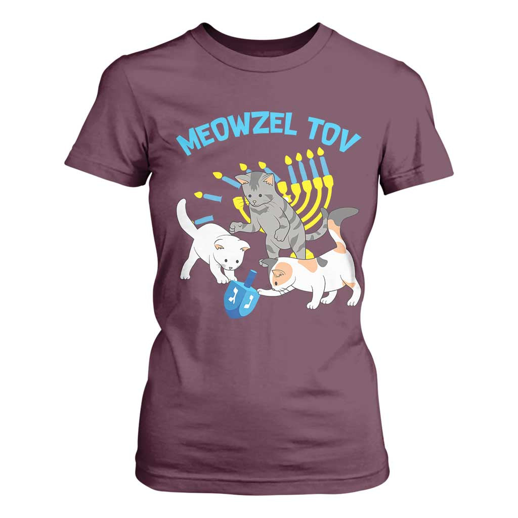 Funny Hanukkah Cats T Shirt For Women Meowzel Tov Dreidels Menorah Chanukah Jewish Festival TS11 Maroon Print Your Wear