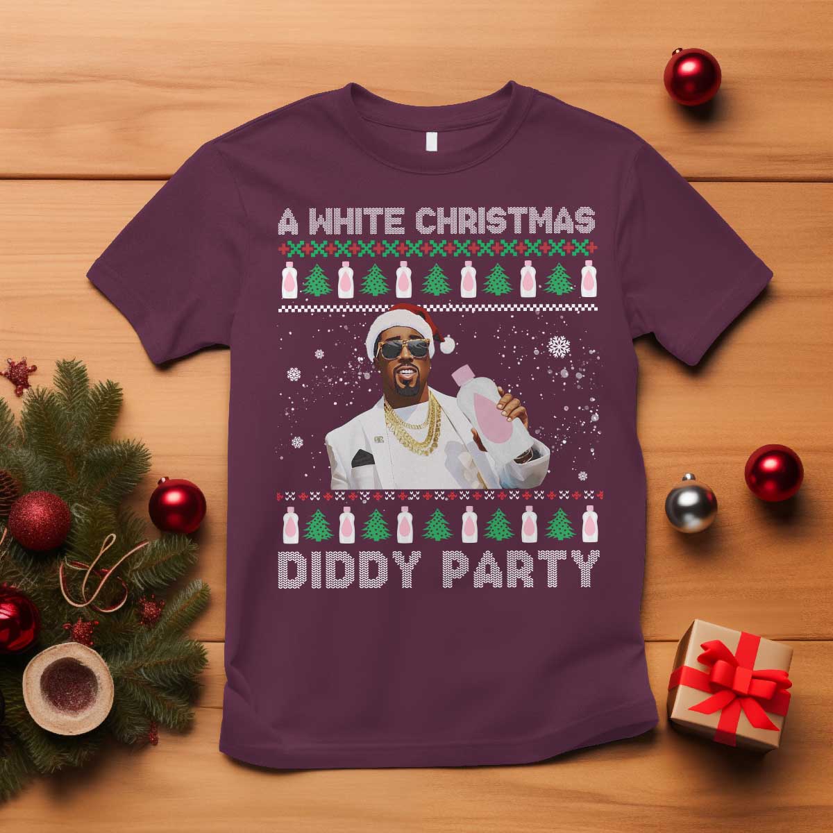 Funny Dirty Santa Diddy Christmas T Shirt A White Xmas Diddy Party Snowflake TS11 Maroon Print Your Wear