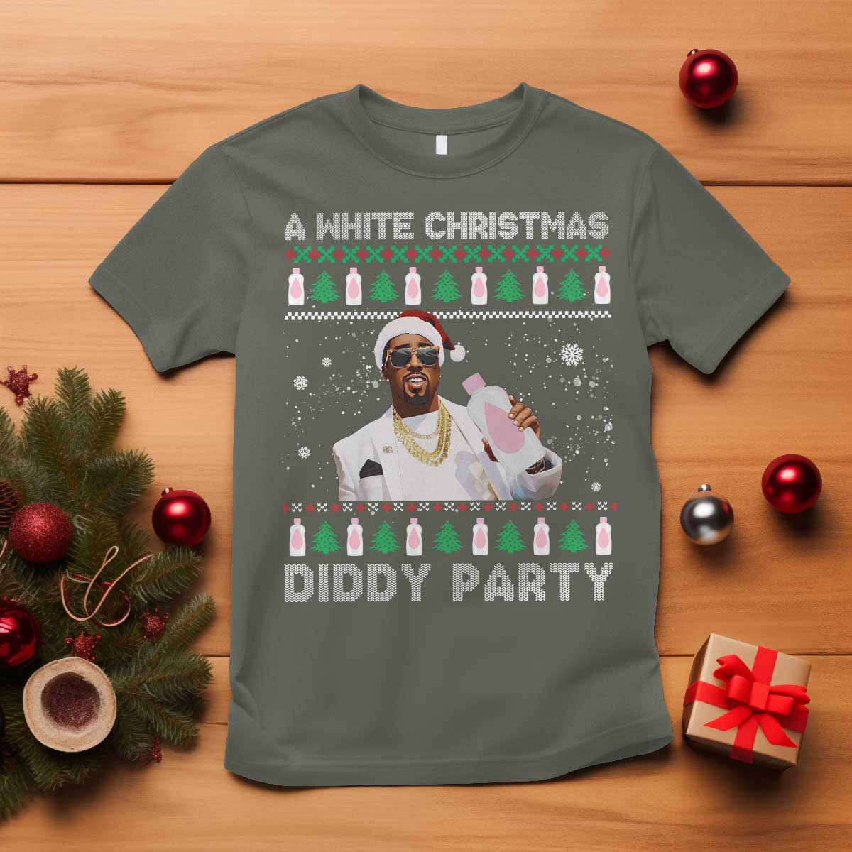 Funny Dirty Santa Diddy Christmas T Shirt A White Xmas Diddy Party Snowflake TS11 Military Green Print Your Wear