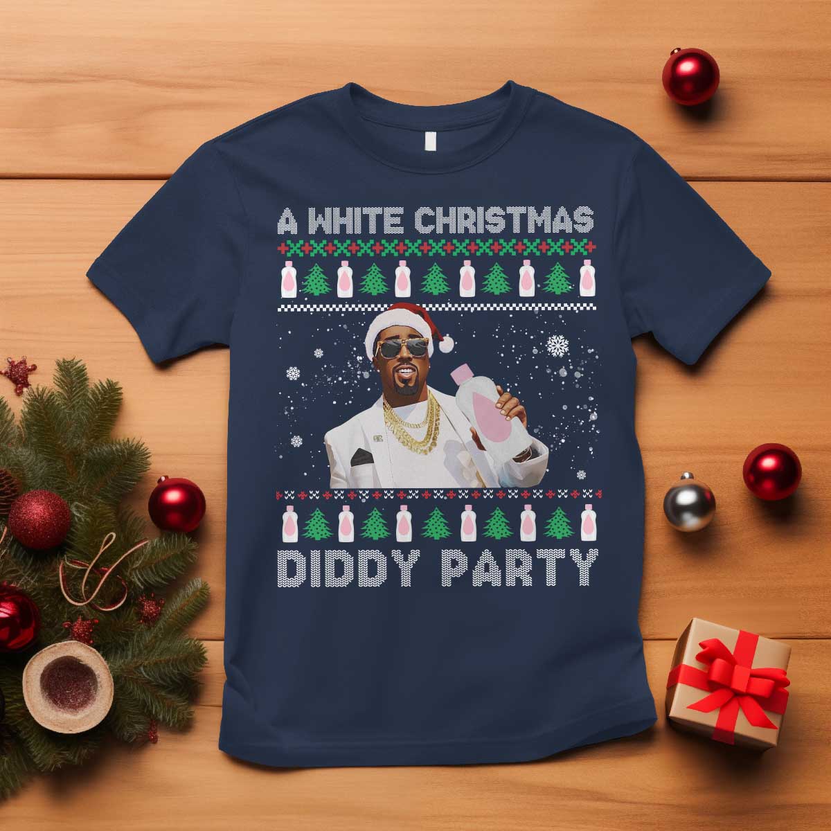 Funny Dirty Santa Diddy Christmas T Shirt A White Xmas Diddy Party Snowflake TS11 Navy Print Your Wear