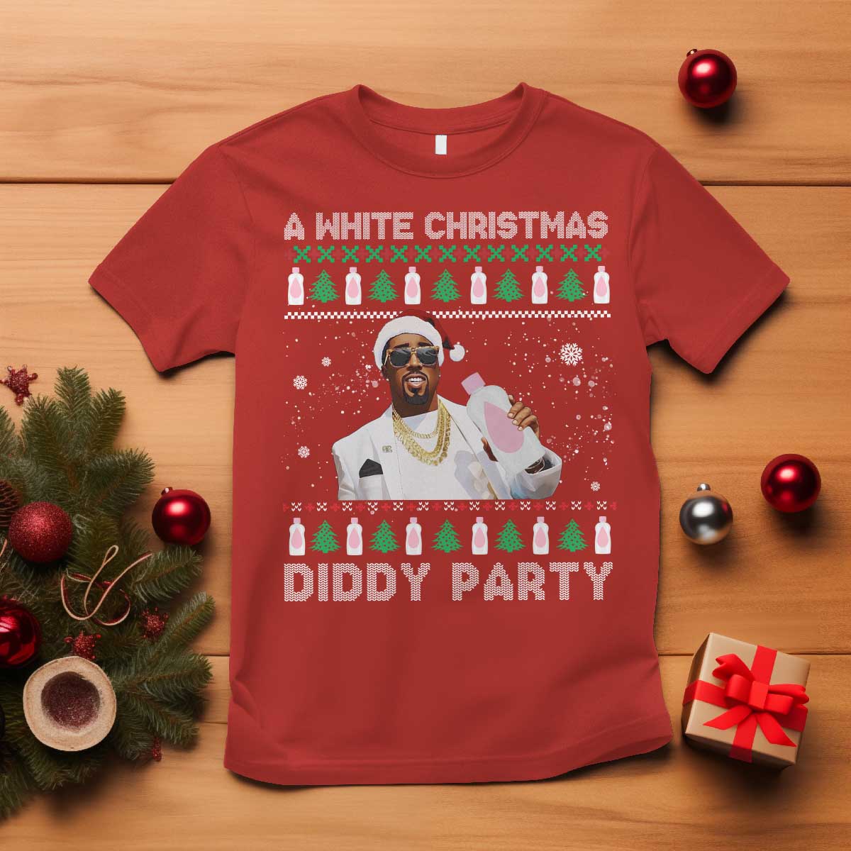 Funny Dirty Santa Diddy Christmas T Shirt A White Xmas Diddy Party Snowflake TS11 Red Print Your Wear