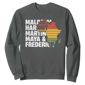 Black History Leaders Sweatshirt Malcolm Harriet Martin Maya Frederick Africa Map TS11 Dark Heather Print Your Wear