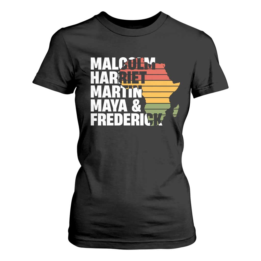 Black History Leaders T Shirt For Women Malcolm Harriet Martin Maya Frederick Africa Map TS11 Black Print Your Wear