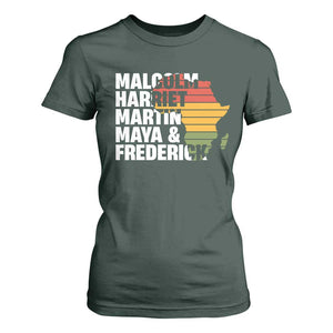 Black History Leaders T Shirt For Women Malcolm Harriet Martin Maya Frederick Africa Map TS11 Dark Forest Green Print Your Wear